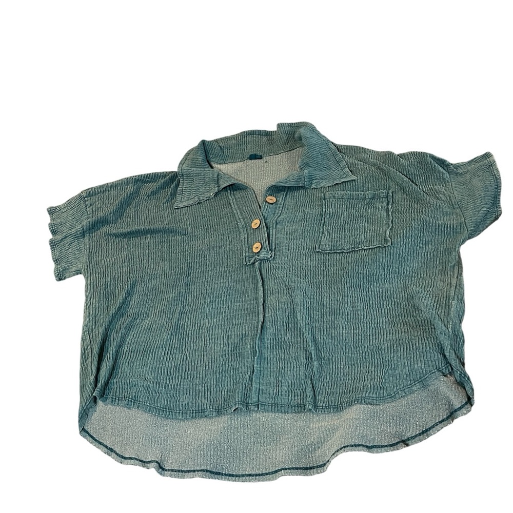 Women's Casual Teal Green/Blue Button  Blouse